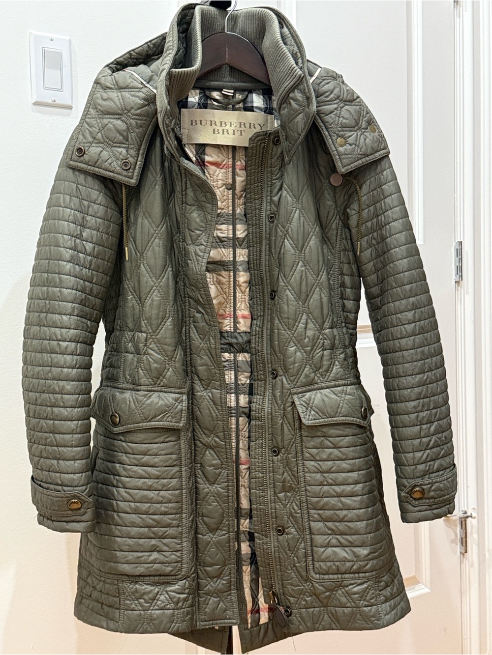 Burberry Brit Quilted Down Olive Green Coat with Removable Hood